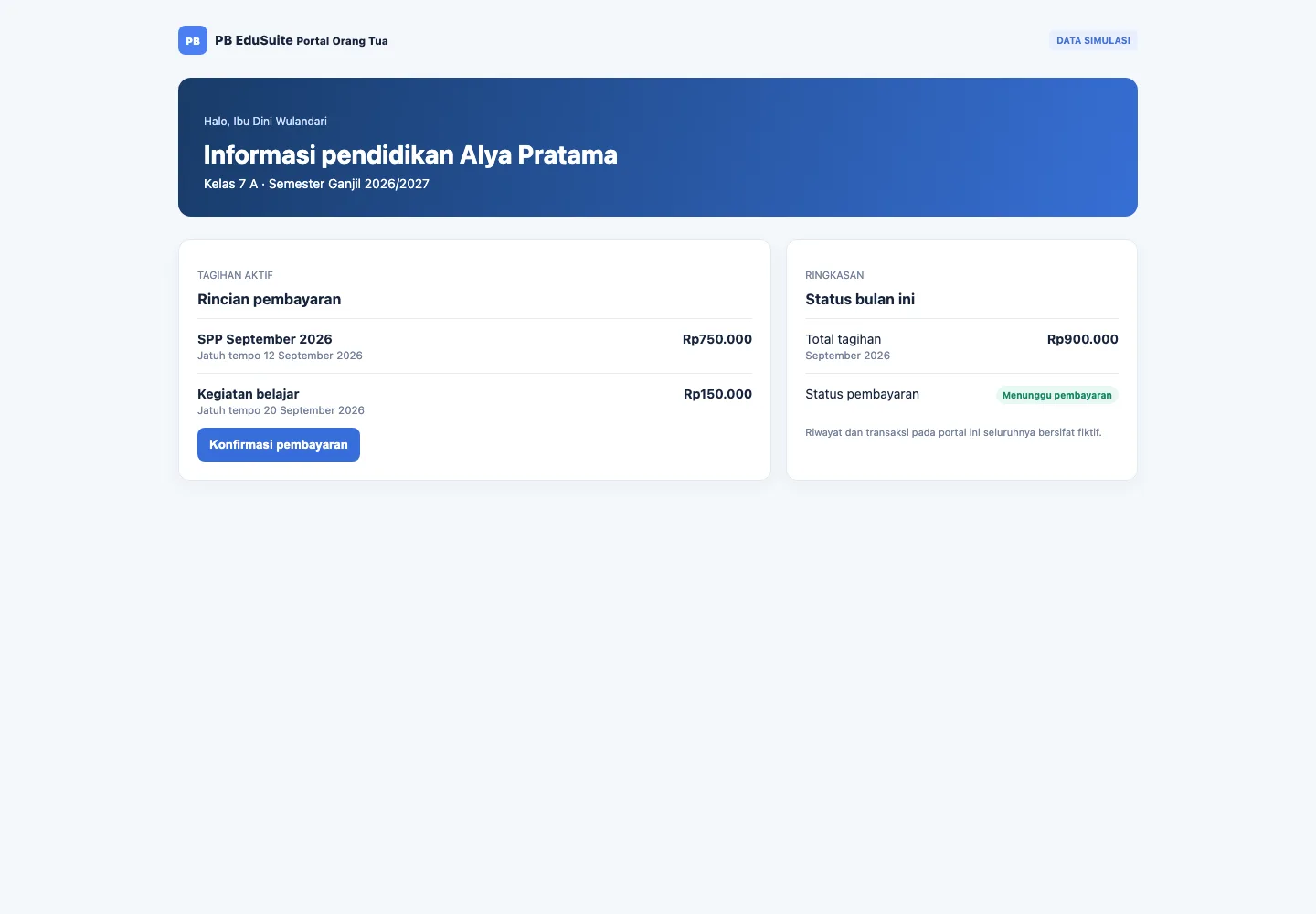 Prototype portal orang tua dengan rincian tagihan dan status simulasi